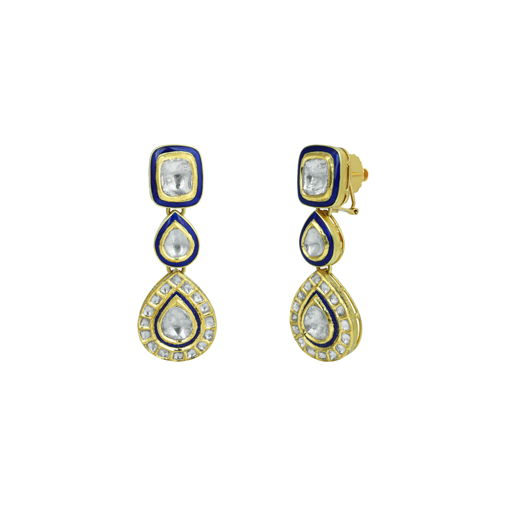 Tiered Teardrop Polki Earrings with Blue Enamel